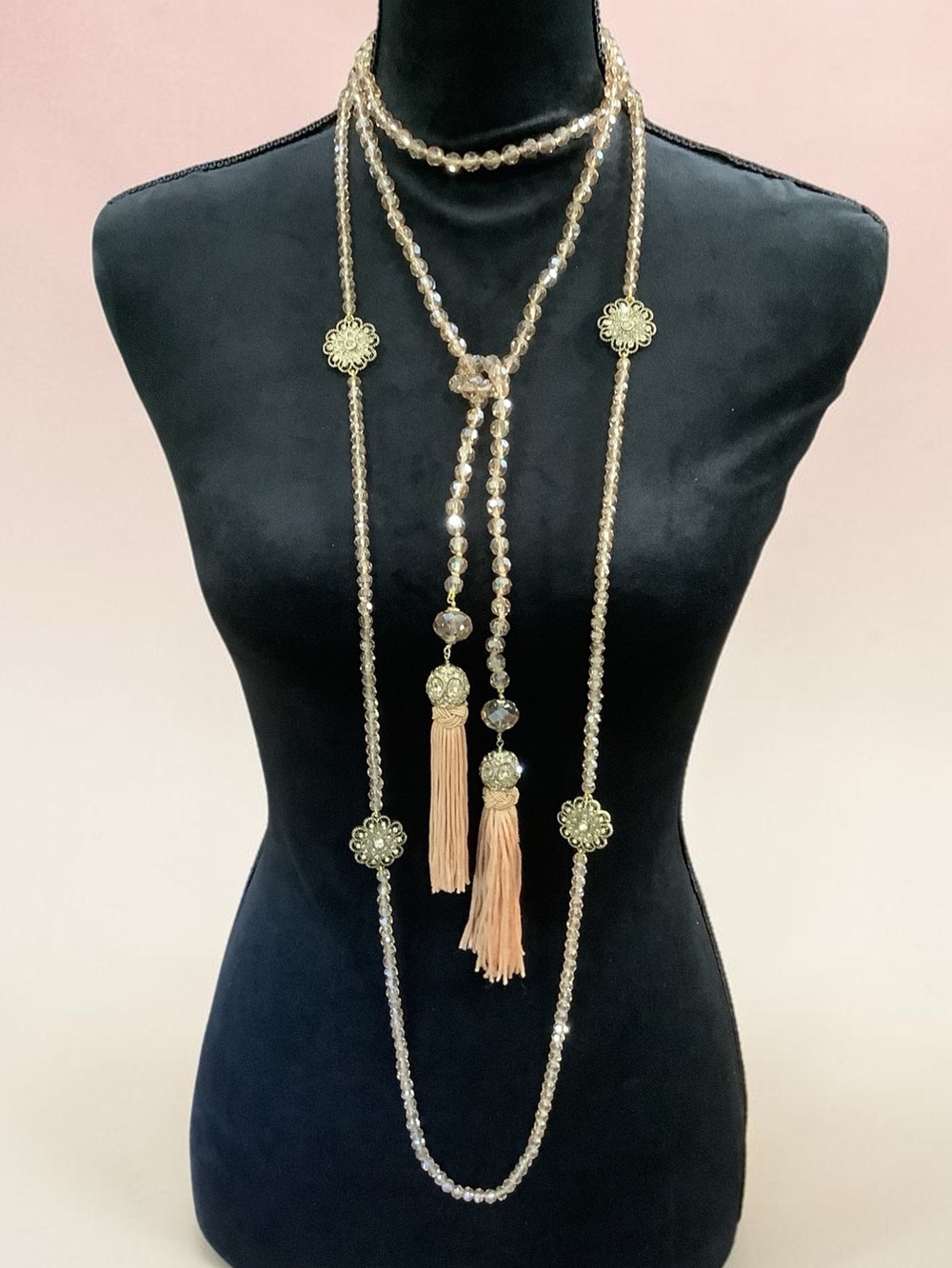 Set of 2 Gold Beaded Tassel & Lariat Long Necklaces - Peach / Champagne Tassels